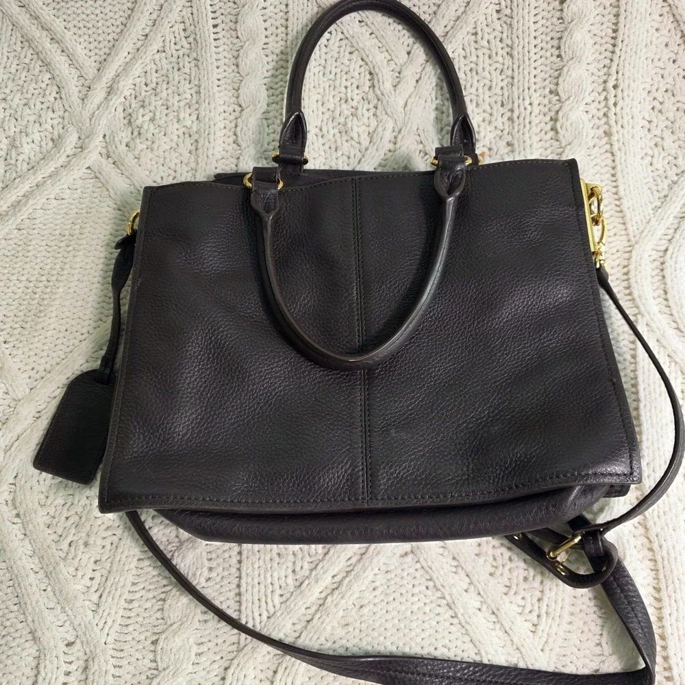 Badgley Mischka‎ Satchel Shoulder Bag Dark Brown Thick Pebbled Leather Gold Logo